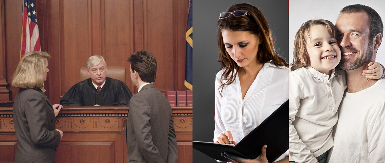 Three photographs: one of a judge conversing with a man and a woman, both dressed in suits, another of a woman reading a document in a folder, and a third of a man and a child smiling at the camera.